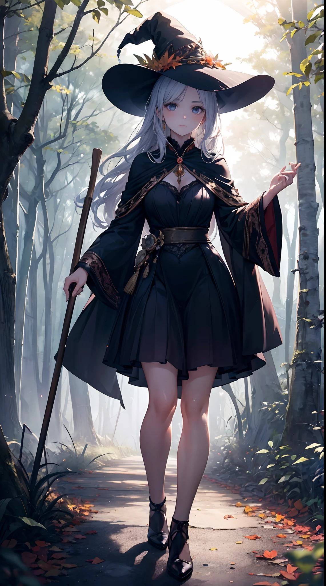 (best quality,4k,8k,highres,masterpiece:1.2),ultra-detailed,(realistic,photorealistic,photo-realistic:1.37),beautiful, detailed 30-year-old witch, showing leg, holding a flying broomstick, in a forest, 1girl, dark long flowing hair, piercing eyes, enchanting smile, elegant clothes, standing confidently, surrounded by tall, ancient trees, magical aura, misty atmosphere, golden and orange leaves scattered on the ground, beams of soft sunlight filtering through the branches, creating a warm glow, subtle shadows dancing around the witch, emphasizing her mysterious presence, distant full moon shining brightly in the sky, casting a silvery light over the scene, creating an ethereal ambiance, wisps of fog gently floating through the air, adding an element of mystique, the witch's broomstick intricately crafted with ornate details and sparkling with magical energy, the witch's dress flowing gracefully, adorned with intricate patterns and symbols, the forest filled with mythical creatures, such as fairies, owls, and fireflies, all drawn to the witch's powerful presence, the witch's confident pose and captivating gaze capturing the viewers' attention, evoking a sense of power, beauty, and otherworldly charm, the overall color tone of the scene is deep and rich, with vibrant shades of green, purple, and orange, enhancing the magical atmosphere, the lighting in the scene is soft and warm, with dappled sunlight creating interesting patterns of light and shadow, giving a dreamlike quality to the image.