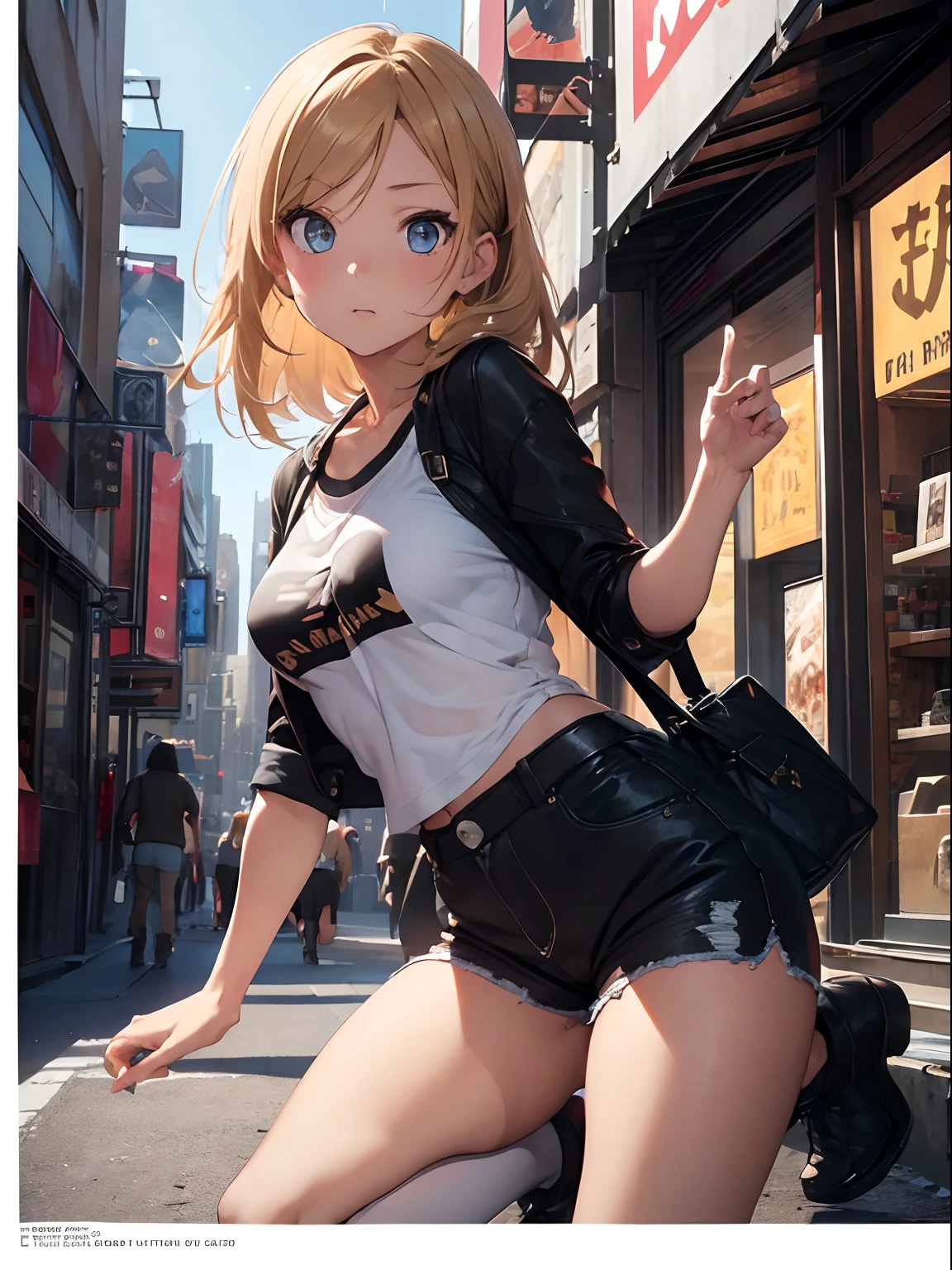 masterpiece, highly detailed, Best quality, ultra high res, 1girl, (76-1Shirt:1.2), horns, long hair, looking at viewer, medium breasts, outdoor, power (chainsaw man), Strapless, smile, bent over, 76 shirt, day,show tits