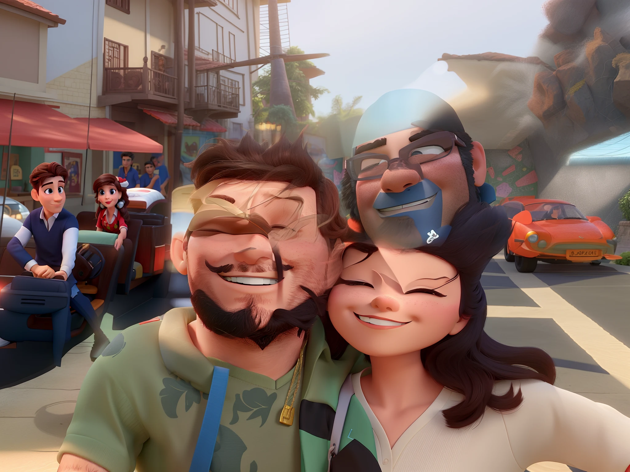 Casal (homem branco e mulher morena) no estilo Disney Pixar, alta qualidade, melhor qualidade.