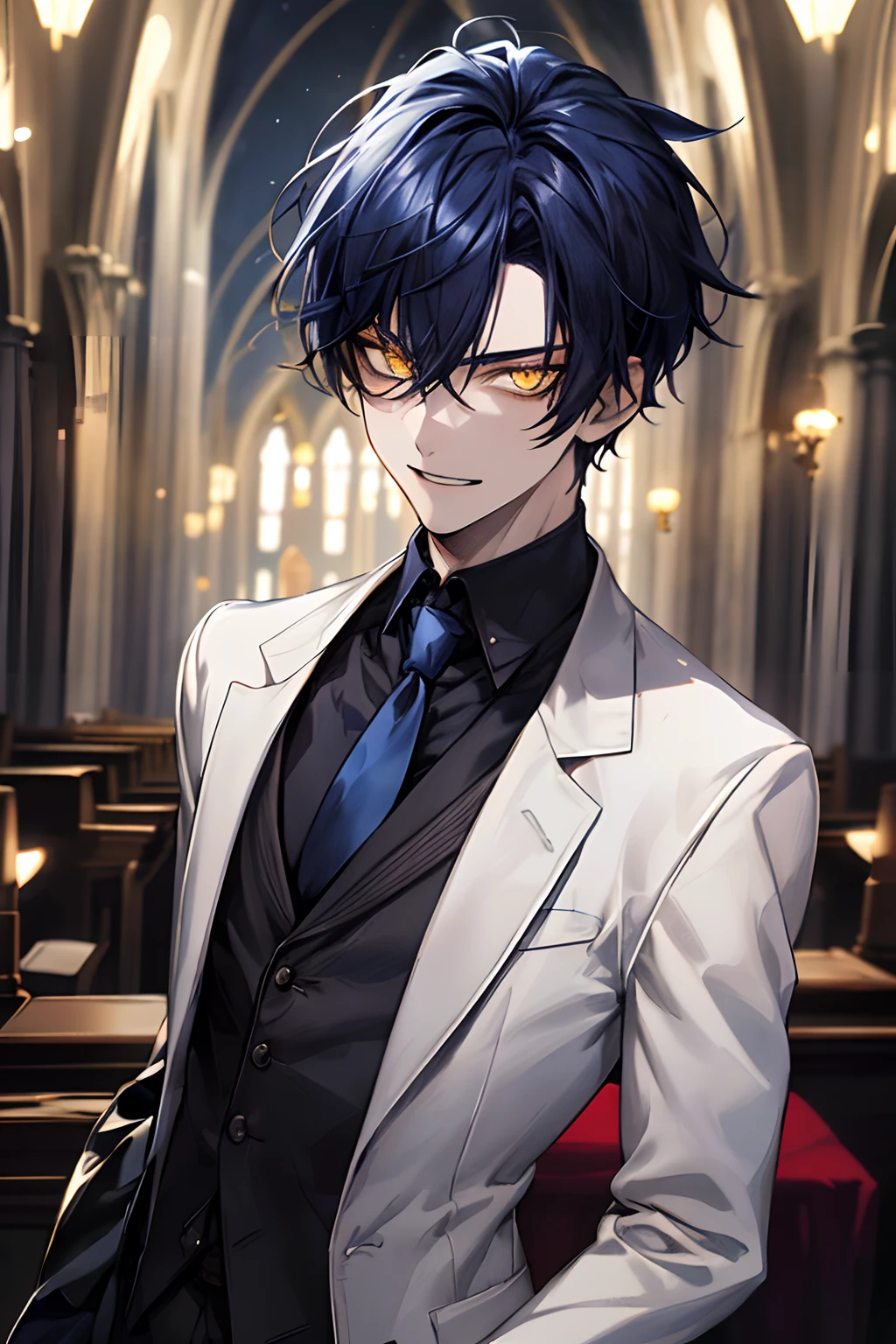 {{top-quality,masterpiece,8k wallpaper}},Ultra-detailed CG Unity,Particle,Cinematographic lighting,((1 ager)),a handsome,a 20-year-old boy,slender,Looking at the camera,Looming,evil smile,Vicious face,close up of face,sharp gaze,((Glowing eyes,Yellow eyes,pupils are small)),Dark blue hair,short-haired,hair messy,put your hair up,White skin gloves,A sexy,White jacket,Black shirt,Dark blue tie,Vampire,double tooth,Church at night,stain glass,