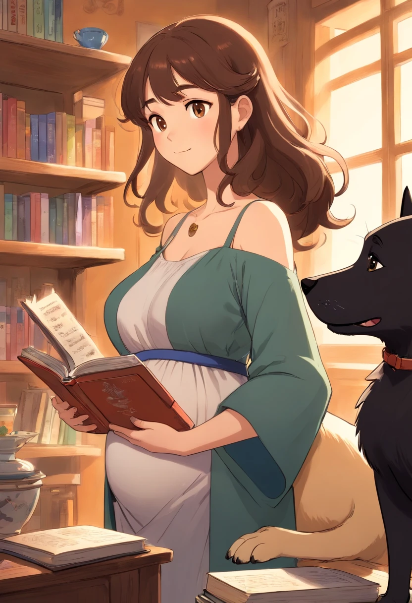 Create a Pixar character version of a pregnant woman, who likes books, dogs, cats and coffee. She lives in Rio de Janeiro. She is a brunete and her hair was curly and medium size. She has two black cats, one light brown dog, and one black and white bicolor cat.