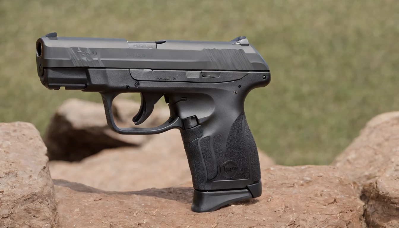 Ruger LCP Max, Close-up of a gun standing on rocky ground, a compact upright semi-automatic pistol, aimed at an outdoor target, showing proper grip and sight alignment, highlighting enable its role as a concealed carry weapon, Live Fire , Sony A7 IV with 85mm lens, f/4, 1/1000 shutter, --ar 16:9