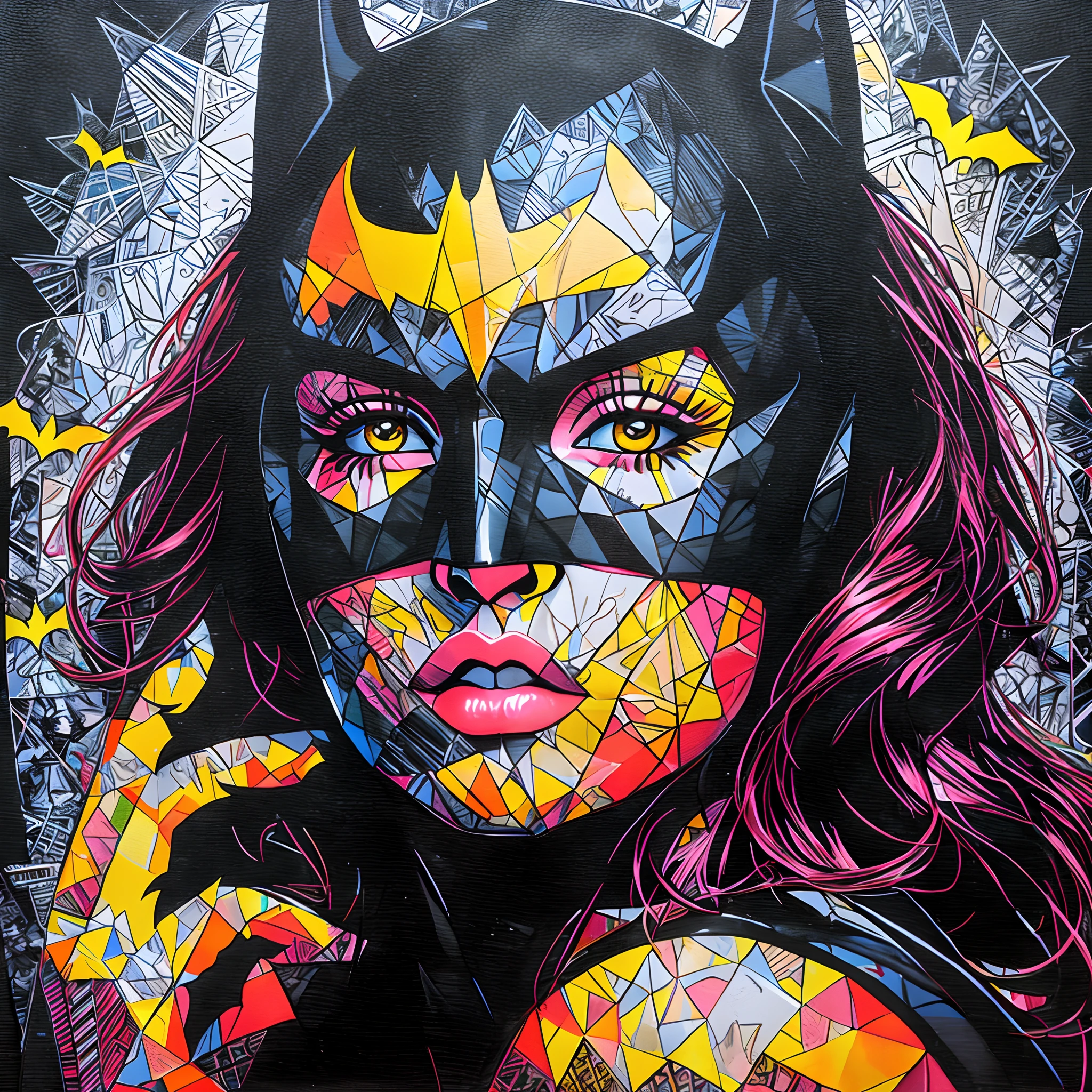 Batman woman with bat mask and yellow and black face paint, Art by Eduardo Kobra and The Twins and Nakamura Pautasso, Batgirl, arte vetorial, Jen Bartel, inspirado em Sandra Chevrier, arte pop de fantasia, Anigirl Batman, Directed by: Patrick Adam, Retrato do Batman, arte vetorial, arte poligonal, Martin Ansin, Retrato da obra, Batwoman, Retrato de Batman, estilo de arte vetorial