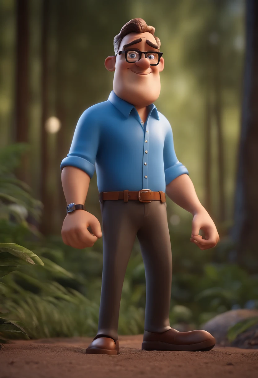 Cartoon character of a man with black glasses and a blue shirt, animation character, Caractere estilizado, animation style rendering, 3D estilizado, Arnold Maya render, 3 d render stylized, toon render keyshot, Personagem 3D, Personagem 3D, 3d rendering stylized, 3 d character render, personagem de desenho animado, Personagem de close up, Pose de personagem,  (Estilo Pixar) (master part:1.2) (Bokeh) (best quality) (pele detalhada) (textura detalhada) (8k) (argila) (Cinematic lighting) (foco nítido