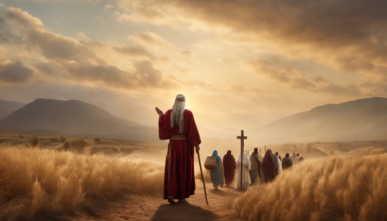 Draw an illustrative image of Moses as a figure of inspiration. The scenery is majestic and uplifting, with the sun shining in the blue sky and soft clouds in the background. Moses is pictured standing, Walking Ahead of the Hebrew People, com um olhar sereno e determinado em seu rosto. He is dressed in his traditional clothes, holding the staff firmly in one hand and the other extended to the sky, as if he were leading his people through the divine voice. The Hebrew people are gathered around him, homens, Women and children, all looking at Moses with wonder and gratitude. Some people may be touching your robes or holding your hands as a sign of respect. No fundo, a Terra Prometida pode ser vista em toda a sua beleza, com colinas, Fertile rivers and fields, symbolizing the realization of the journey led by Moses. The scene conveys the idea of charismatic and inspiring leadership, singling out Moses as a spiritual guide and a reference figure for his people