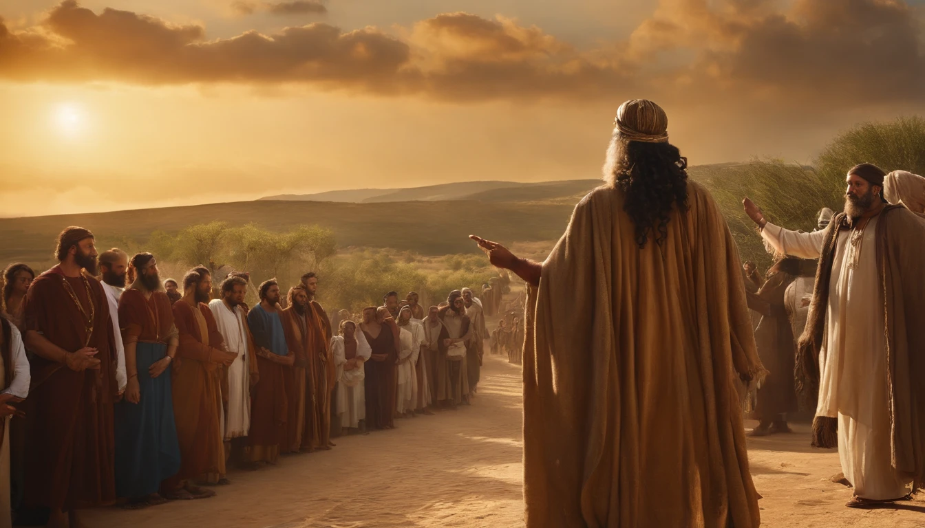 Draw an illustrative image of Moses as a figure of inspiration. The scenery is majestic and uplifting, with the sun shining in the blue sky and soft clouds in the background. Moses is pictured standing, Walking Ahead of the Hebrew People, com um olhar sereno e determinado em seu rosto. He is dressed in his traditional clothes, holding the staff firmly in one hand and the other extended to the sky, as if he were leading his people through the divine voice. The Hebrew people are gathered around him, homens, Women and children, all looking at Moses with wonder and gratitude. Some people may be touching your robes or holding your hands as a sign of respect. No fundo, a Terra Prometida pode ser vista em toda a sua beleza, com colinas, Fertile rivers and fields, symbolizing the realization of the journey led by Moses. The scene conveys the idea of charismatic and inspiring leadership, singling out Moses as a spiritual guide and a reference figure for his people