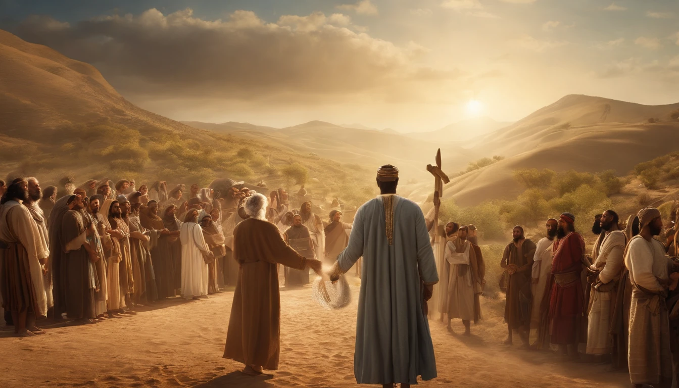 Draw an illustrative image of Moses as a figure of inspiration. The scenery is majestic and uplifting, with the sun shining in the blue sky and soft clouds in the background. Moses is pictured standing, Walking Ahead of the Hebrew People, com um olhar sereno e determinado em seu rosto. He is dressed in his traditional clothes, holding the staff firmly in one hand and the other extended to the sky, as if he were leading his people through the divine voice. The Hebrew people are gathered around him, homens, Women and children, all looking at Moses with wonder and gratitude. Some people may be touching your robes or holding your hands as a sign of respect. No fundo, a Terra Prometida pode ser vista em toda a sua beleza, com colinas, Fertile rivers and fields, symbolizing the realization of the journey led by Moses. The scene conveys the idea of charismatic and inspiring leadership, singling out Moses as a spiritual guide and a reference figure for his people