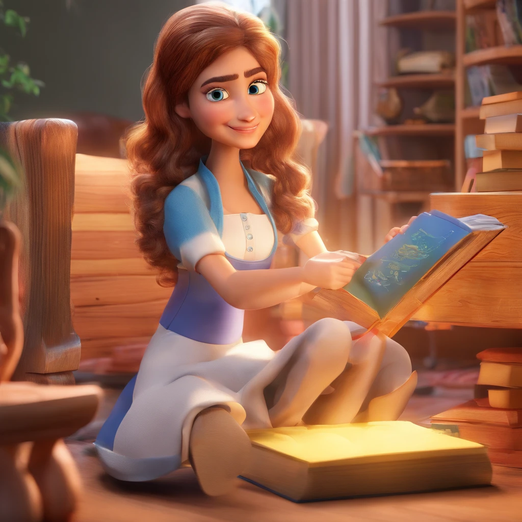 create a 3D movie poster inspired by Disney Pixar, The scene should be in Pixar's signature digital art style, com uma imagem caricatural que lembra uma mulher de 40 anos ,rosto redondo,olhos azuis ,oculos pretos,cabelo castanho pelos ombros,wears a white gown to teach a child to read.