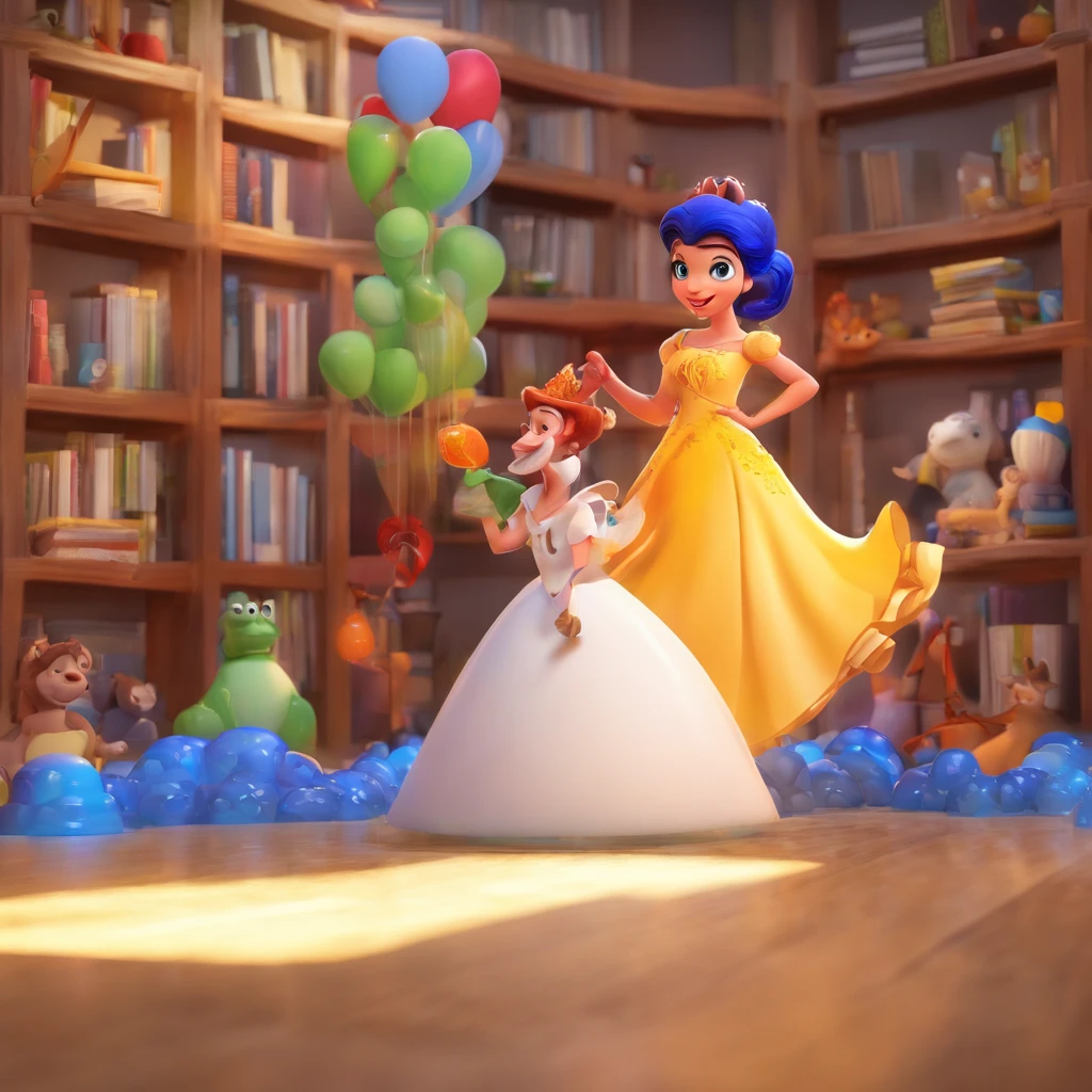 create a 3D movie poster inspired by Disney Pixar, The scene should be in Pixar's signature digital art style, com uma imagem caricatural que lembra uma mulher de 40 anos ,rosto redondo,olhos azuis ,oculos pretos,cabelo castanho pelos ombros,wears a white gown to teach a child to read.