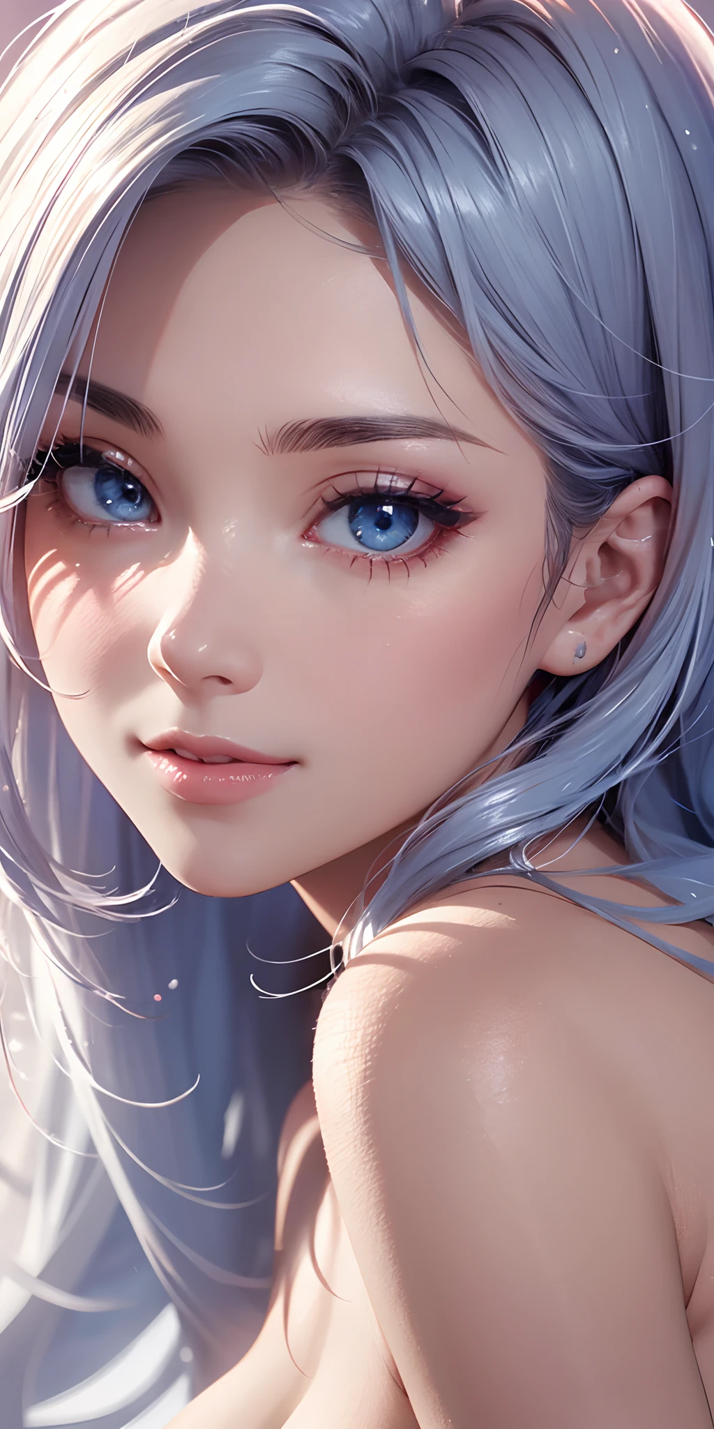 Best Quality, Ultra High Resolution, (Photorealistic: 1.4), Beautiful Eyes, Super Beautiful, Very Long Hair, Beautiful, Sweetheart, Beautiful Soldier, Eyes That Invite Viewer, Lover's Perspective, Inviting Expression, Sexy Smile, Perfect Style, Perfect Balance, Detailed Skin, Naughty Gaze, ((Naked)), platinum blue hair,