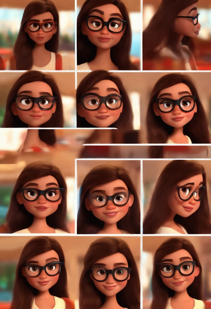 Pixar style image with 3D character glasses black 18 year old woman straight brown hair with Disney makeup highlight,salao de beleza bonitinho, sorridente ,Close-up, Pixar, Disney, Cinema lighting,
