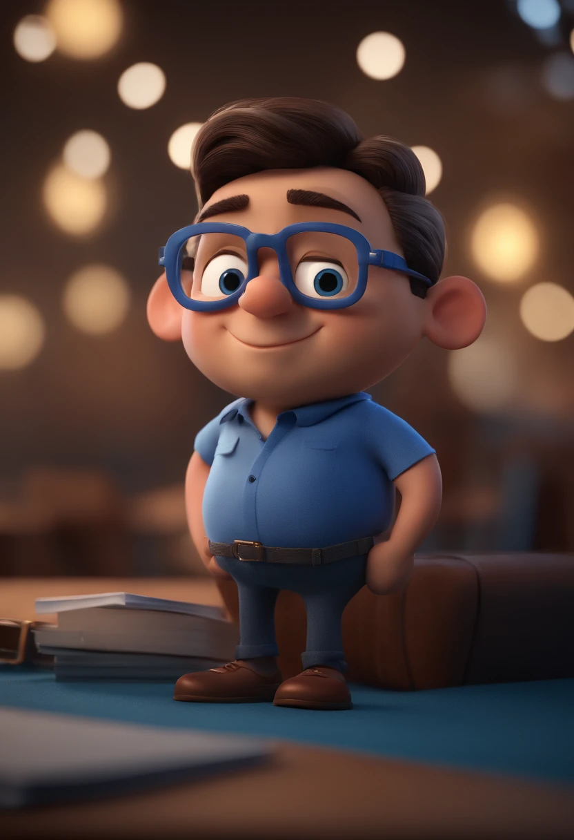 Cartoon character of a man with black glasses and a blue shirt, animation character, Caractere estilizado, animation style rendering, 3D estilizado, Arnold Maya render, 3 d render stylized, toon render keyshot, Personagem 3D, Personagem 3D, 3d rendering stylized, 3 d character render, personagem de desenho animado, Personagem de close up, Pose de personagem,  (Estilo Pixar) (master part:1.2) (Bokeh) (best quality) (pele detalhada) (textura detalhada) (8k) (argila) (Cinematic lighting) (foco nítido