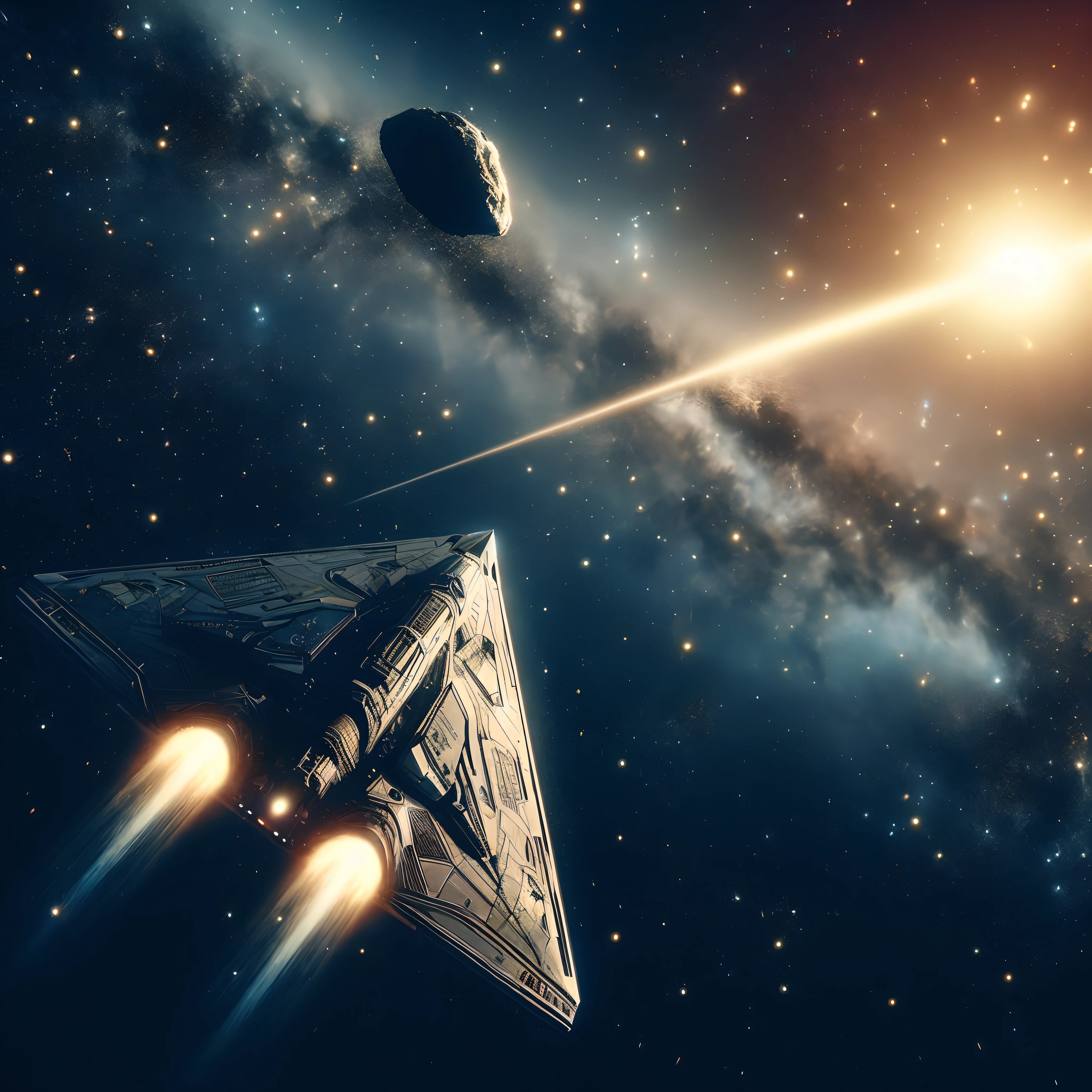spaceship flying in the sky with a star in the background, an epic space ship scene, space opera and dystopian style, sci - fi spaceship in combat, spaceships flying, spaceships flying around, award winning scifi art, spaceship in space, sci-fi space game art, alien space ship flying in space, spaceship flies in the distance, spaceships flying above