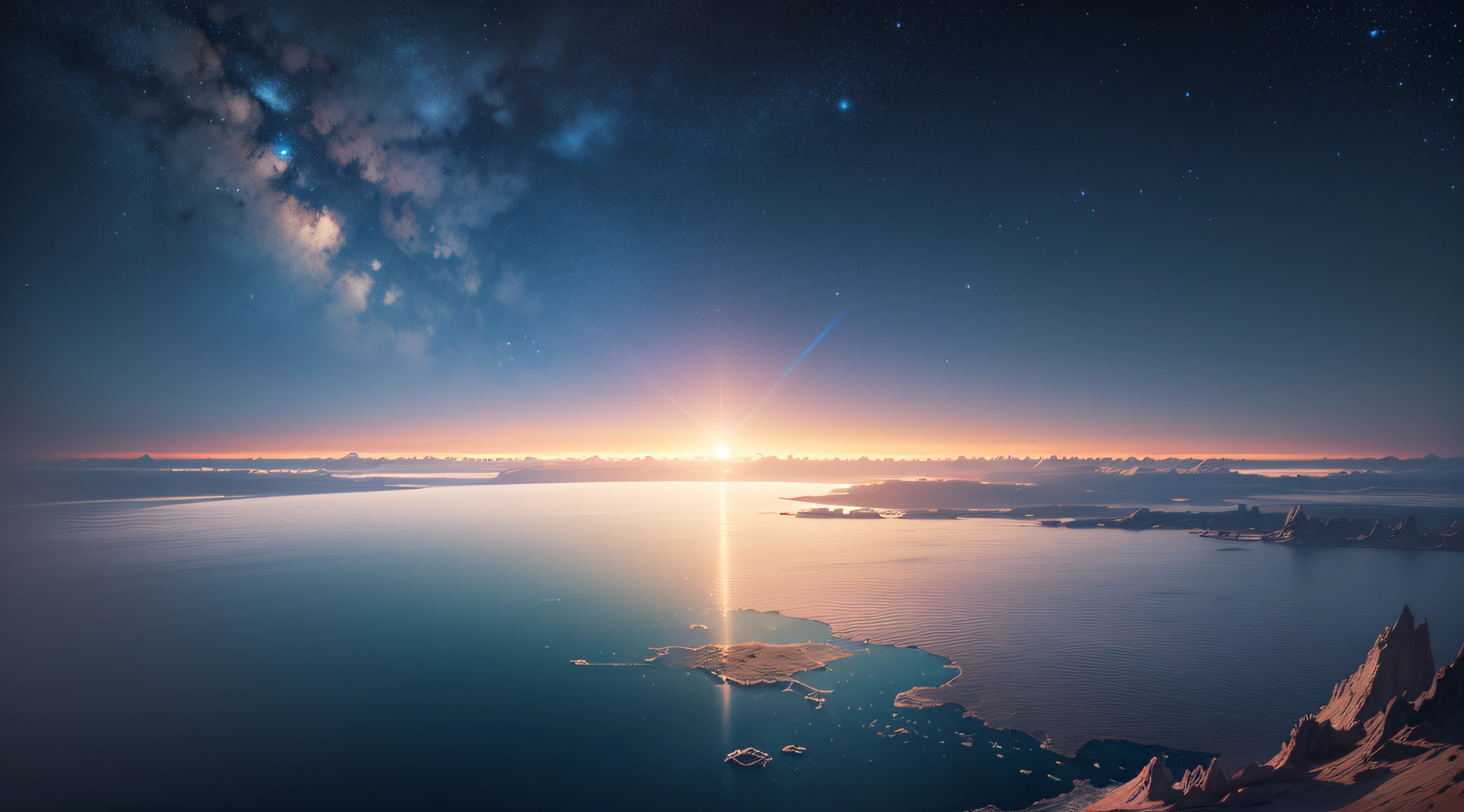 Horizon, with land and sea, starry sky, sunny day, view from atmosphere, top view, super real, no architecture, surrealism, high detail, cinematic lighting, close up, futurism, concept art, UHD, high detail, super detail