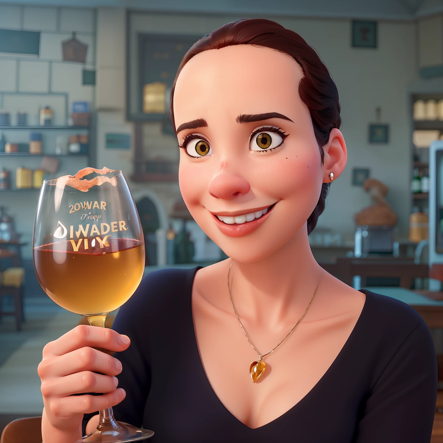 A woman holding a glass of wine in Disney Pixar style, melhor qualidade