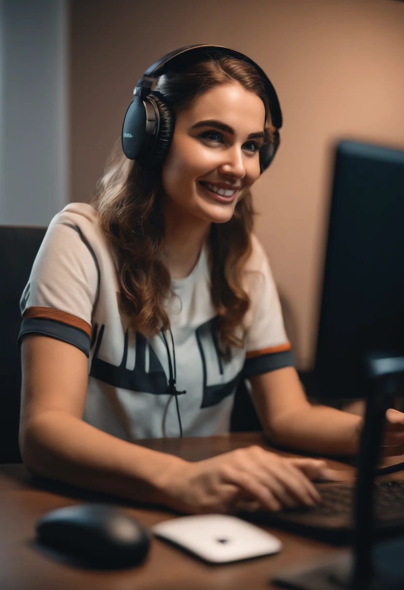 Uma mulher sentada em uma mesa com um laptop e microfone, sentado em frente a um microfone, Streamer do Twitch, Streamer do Twitch/Jogador Ludwig, dando uma entrevista, retrato preciso, assumindo o controle enquanto sorri, h3h3, with a happy expression, accurate depiction, na frente de um computador, arte em alta, Shutterstock, Studio shot, muito expressivo, anime realista, graphic,