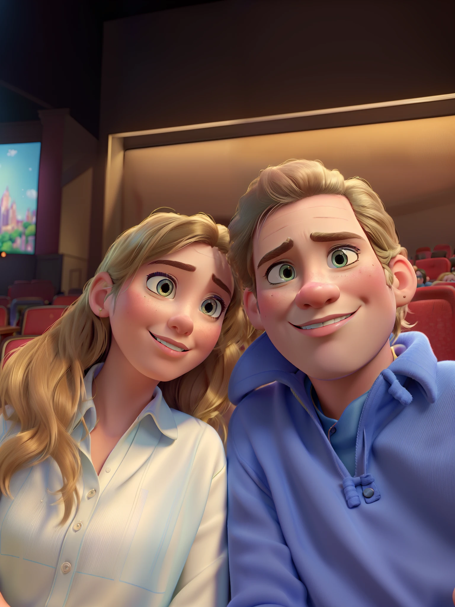 (best quality,highres,masterpiece:1.2), Disney Pixar style couple in a theater, ultra-detailed, (realistic,photorealistic,photo-realistic:1.37), vibrant colors, theatrical lighting