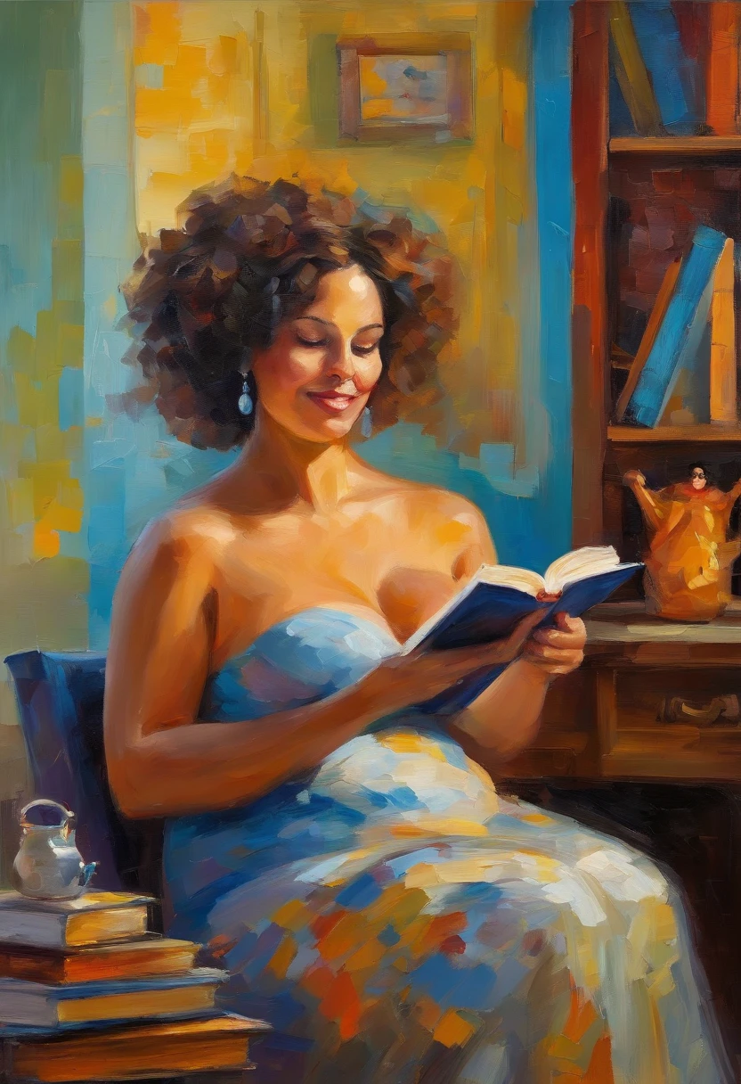 Create a Disney Pixar version of a pregnant woman, who likes books, dogs, cats and coffee. She lives in Rio de Janeiro. She is a brunete and her hair was curly and medium size.