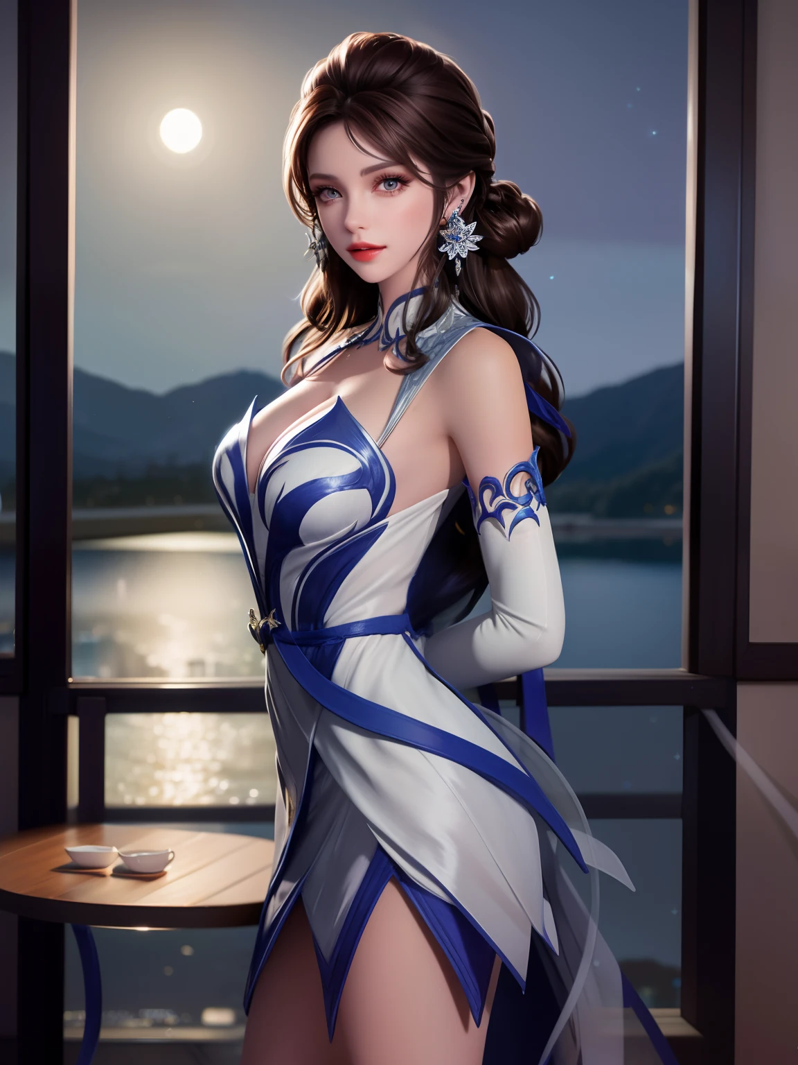 hair ornament, dress,elbow gloves, looking at viewer, earrings, cityscape, night, indoors, window, lake,table,standing, arms behind back,