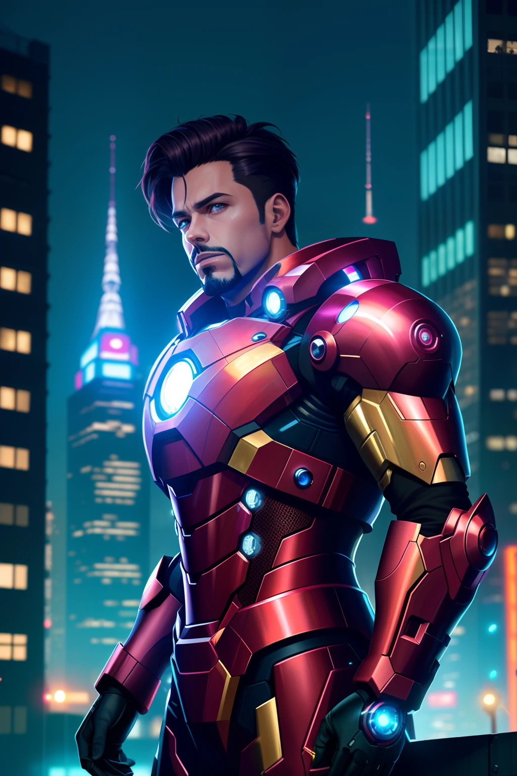 8k, realista, atraente, altamente detalhada, um homem de 32 anos, um homem forte sexy e atraente inspirada no Homem de Ferro usando um mecanismo brilhante do Homem de Ferro sem o capacete . She dresses with sensuality and confidence, perfectly interpreting the strength and charisma of Iron Man. Em uma cena noturna da cidade no estilo cyberpunk, uma homem de 32 anos forte sexy e atraente tem como tema o cosplay do Homem de Ferro. Vestindo um brilhante mecanismo do Homem de Ferro, It sits on a street lined with tall buildings. The night lights of the city are bright, refletindo em seu mecha, adding a sense of future technology. The surrounding buildings and streets are full of cyberpunk elements, as neon lights, High-tech devices and futuristic architectural designs. The whole scene is full of futuristic and sci-fi atmosphere. This high definition and high quality image will provide you with stunning visual pleasure, a perfect combination of sensual elements, futuristic and science fiction. OC rendering, lighting dramatic, qualidade premiada
