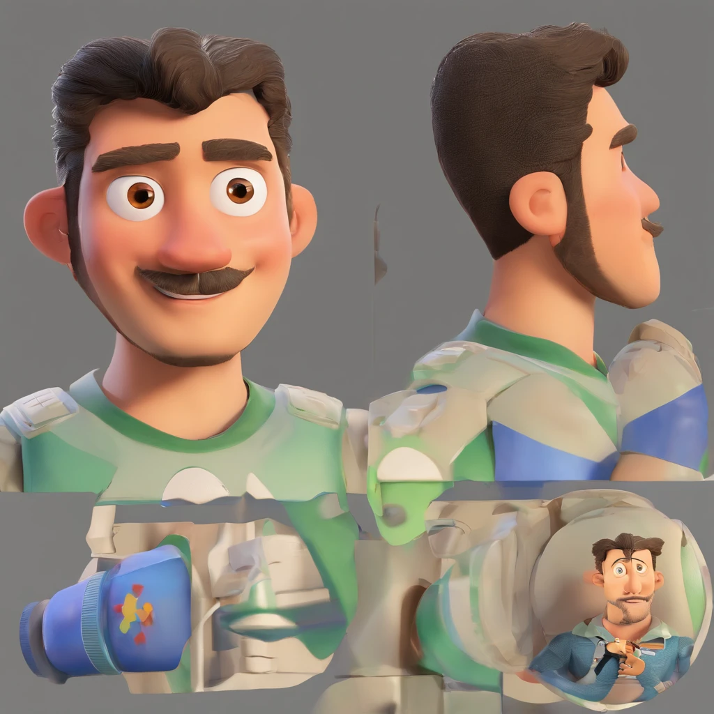 Criar um personagem no estilo Pixar. Trata-se de um homem de 37 anos, com barba, Branco, com cabelos castanhos curtos e um quiff, e olhos castanhos. Ele deve estar na frente de um aparelho de raios x