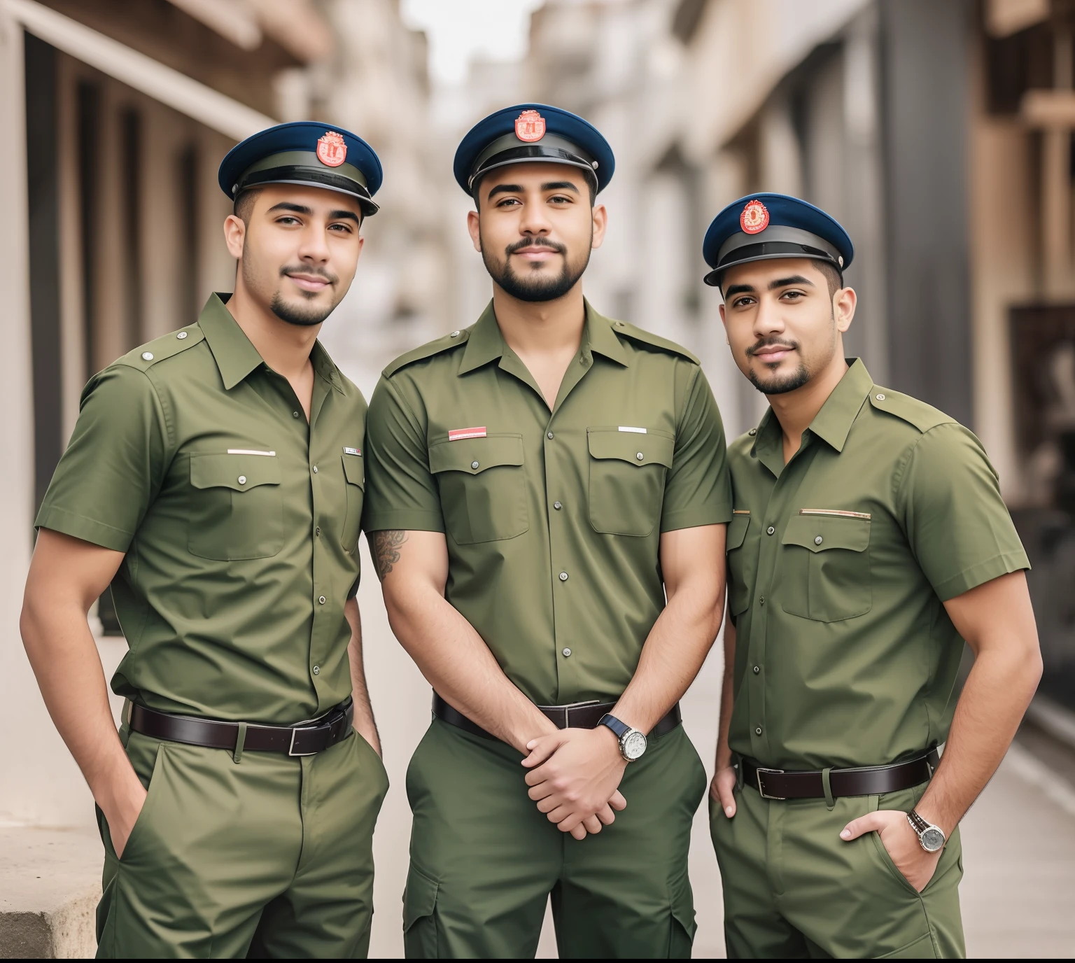 Four men in khaki shirts stand next to each other, Barbeiros brasileiros , foto oficial da loja, Os barbeiros, Trabalhadores, foto comercial, instagram story, foto retrato, taken in the early 2020s, album photo, Mechanicalgirl, foto de grupo, editing, Local heroes, vestindo camisas, Basic photo, roupas de trabalho
