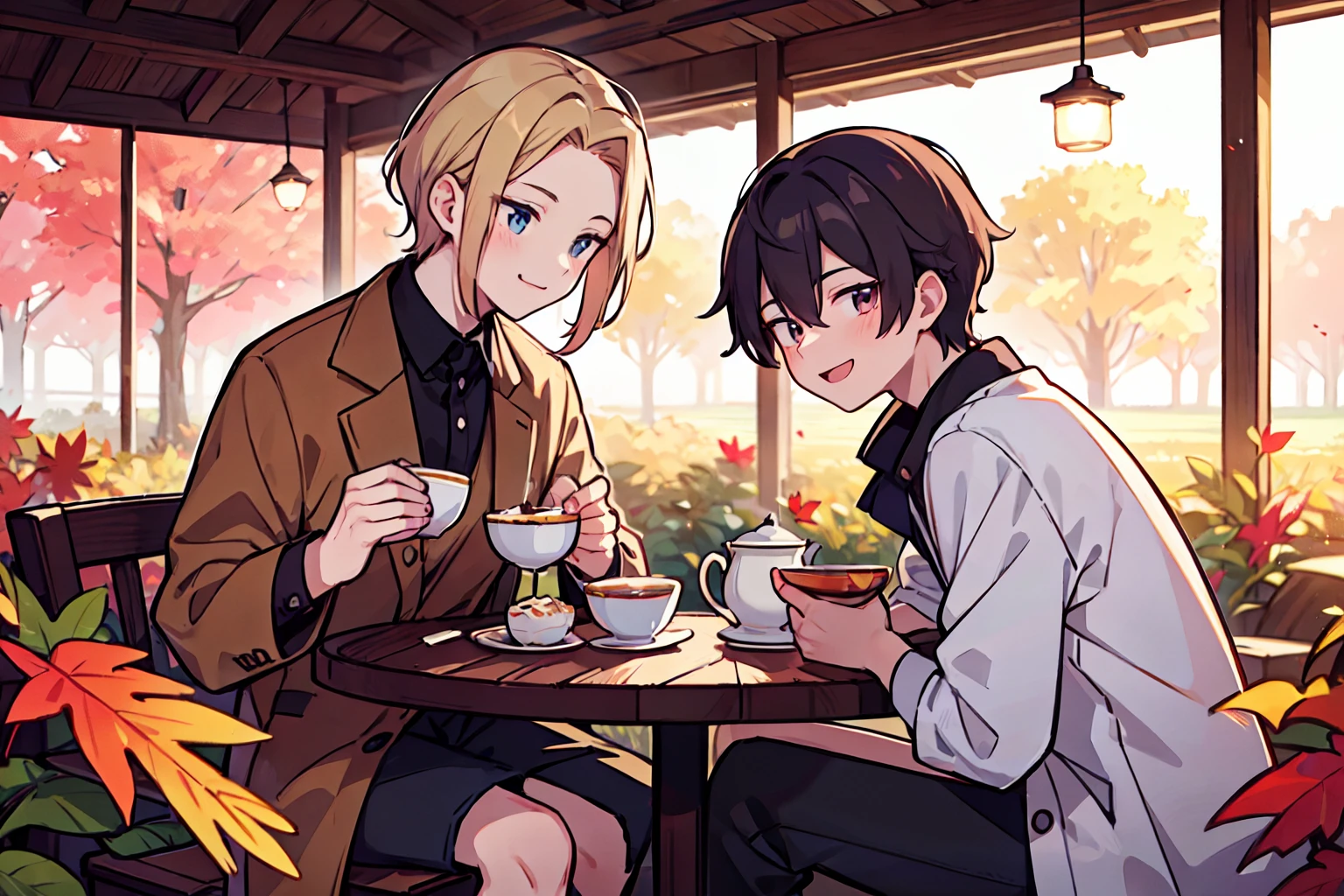 {{masutepiece, Best Quality, extremely details CG, Unity 8k壁纸, Cinematic lighting}}, (2man),gay male relationship, 20 years old man,In a large field of autumn leafs, there is a table to open a tea party, there is two male drinking tea ,smiling,looking at another,scenery
