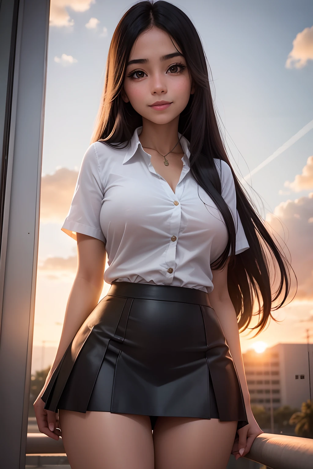 Mexican girl is 30 years old, Eyes aligned, smiling, very long straight hair, She will be wearing a tight skirt, She will be wearing a blouse, thin waist, huge breasts, She will be with her back to the viewer, She will be on the school bus, sunset with little sun
