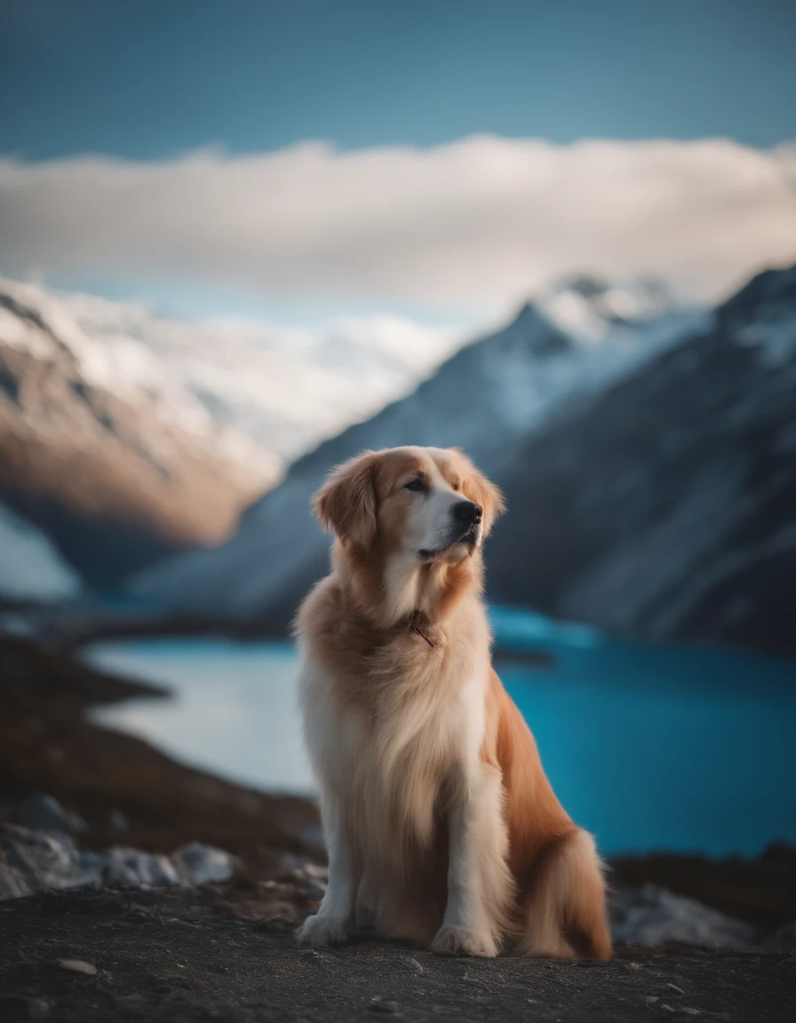 Long photo of a varied Albanian Albanian veterinarian, Cabelo branco estilizado como Salsicha, background is Glacier, at sunset, Foco suave, Luz, luz suave, F/8, Splash bege e azul marinho, Roda, extremely hyper aesthetic with my face