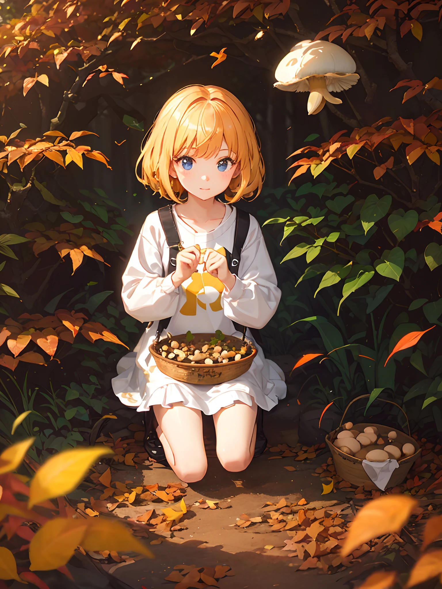 Create a little girl picking mushrooms in the golden autumn