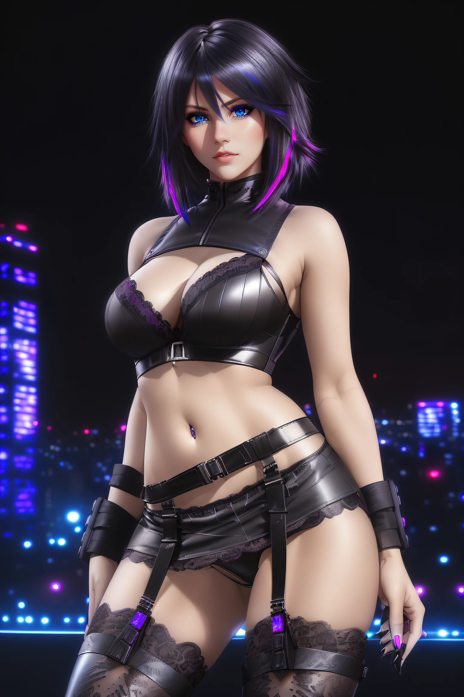 25-Year-Old Woman, Full Body, (standing:1.4), short bright neon streaked black hair, (realistic highly detailed eyes:1.4), (seductive pose:1.2), black eyeshadow, (dominatrix style wear:1.2), (short skirt), (lace underwear:1.4), (knee high heel leather boots), (dark city night black background:1.4), Serious Face, Realistic Face Resolution, Realistic, Object Resolution