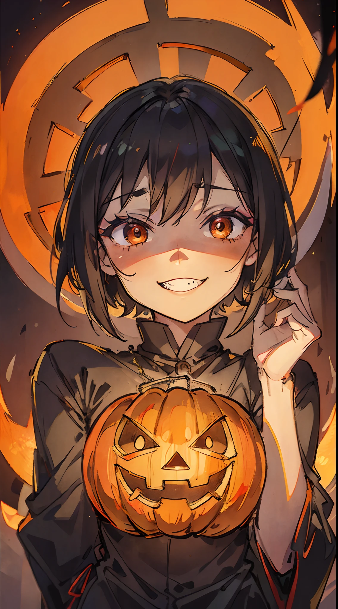Generate a pixel art image of a grinning jack-o'-lantern with a creepy, carved face and a candle inside