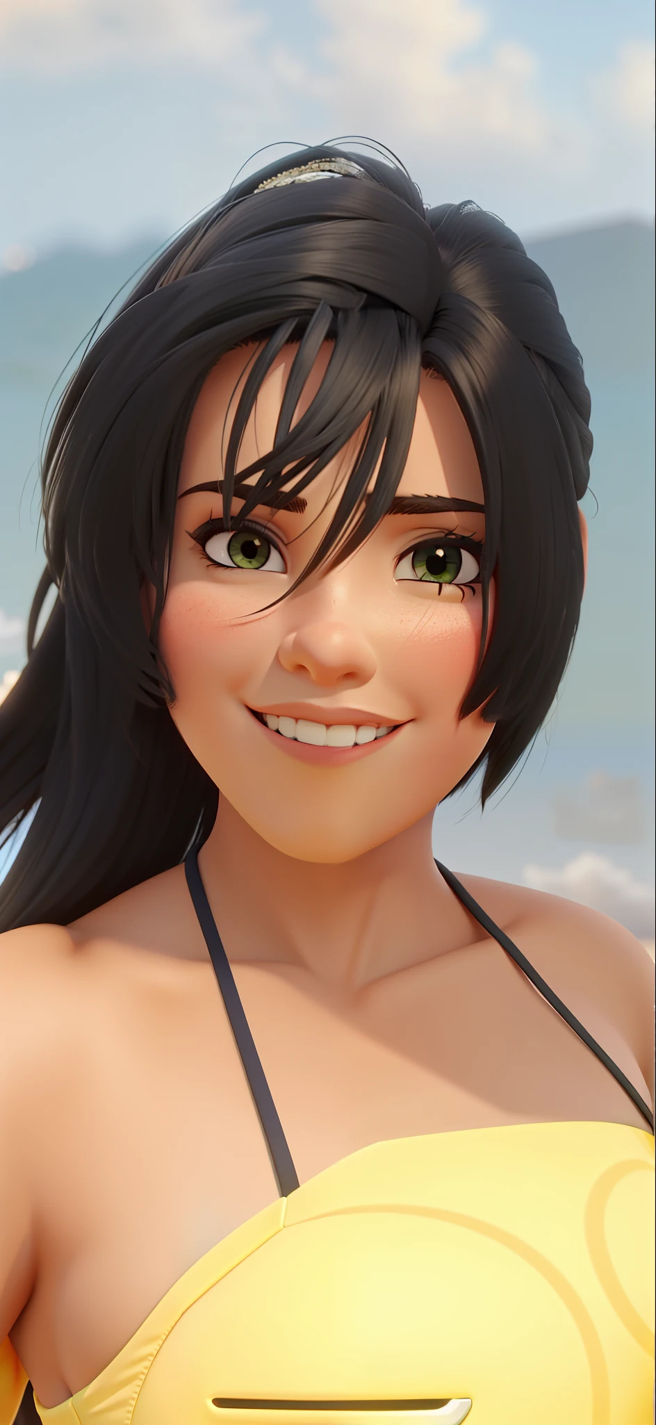 Mulher brasileira, cabelo castanho claro. Na frente, por do sol ao fundo