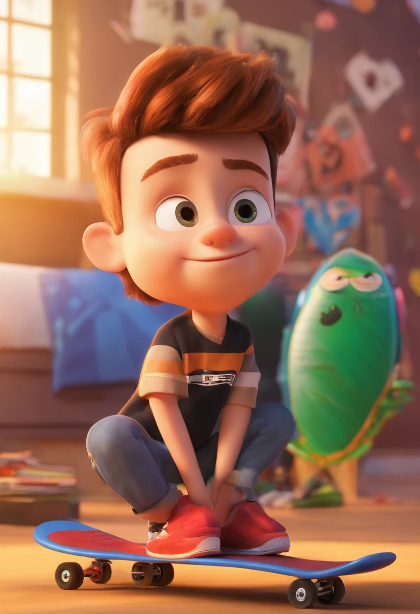 poster for the film inspired by Disney pixar with the title “Stifler” a teenager with short hair and a goatee wearing a black t-shirt and a skateboard. The scene must follow an artistic style similar to Pixar, focusing on the characters' expressions, vibrant colors, detailed textures and characteristics of their animations.