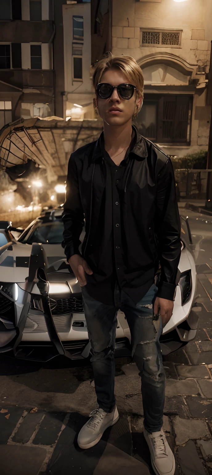 a boy with short blond hair, emo, realistic, 8 k resolution, beautiful face, very pretty face, Lamborghini, ultrarealistic