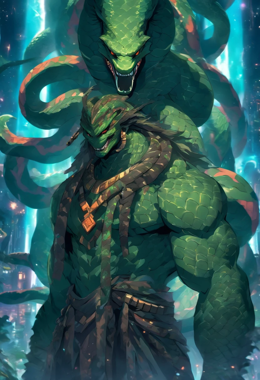 (((serpent man)) best quality, very high resolution, 4K detailed CG, masterpiece, Damballah, snake body, voodoo mythology, African clothing, aesthetics, beautiful image, centered on screen, entire body, standing in front of a spaceship, holding a sword, beautiful eyes, smiling fangs