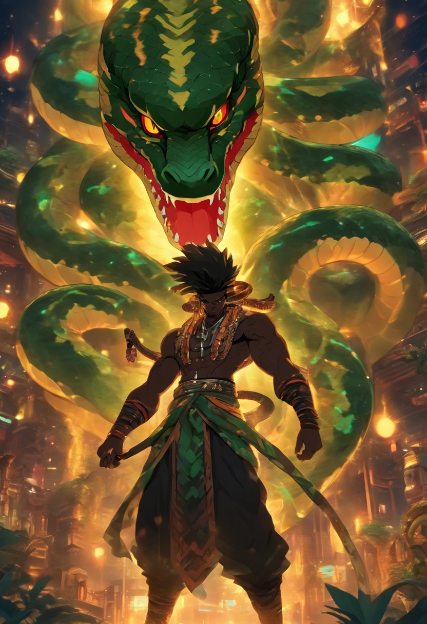 (((serpent man)) best quality, very high resolution, 4K detailed CG, masterpiece, Damballah, snake body, voodoo mythology, African clothing, aesthetics, beautiful image, centered on screen, entire body, standing in front of a spaceship, holding a sword, beautiful eyes, smiling fangs