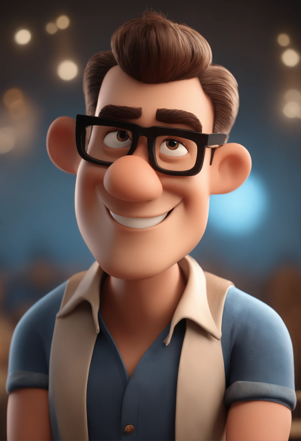 Cartoon character of a man with black glasses and a blue shirt, animation character, Caractere estilizado, animation style rendering, 3D estilizado, Arnold Maya render, 3 d render stylized, toon render keyshot, Personagem 3D, Personagem 3D, 3d rendering stylized, 3 d character render, personagem de desenho animado, Personagem de close up, Pose de personagem, (Estilo Pixar) (master part:1.2) (Bokeh) (best quality) (pele detalhada) (textura detalhada) (8k) (argila) (Cinematic lighting) (foco nítido