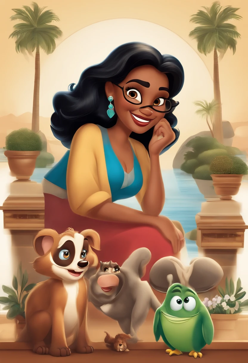 Crie um cartaz Disney/Cartaz de filme inspirado na Pixar, cena de uma bela mulher de 40 anos, medium length wavy black hair, olhos castanhos escuros, sorriso largo, rosto oval, com sardas pele morena, Holding an iPhone in your hand . Add highlighted text in front saying "Whatsapp: The tool that revolutionized the service at Disney Optics" Add highlighted text saying "Whatsapp: The tool that revolutionized customer service at opticians" to the scene. Inspirado nos emojis do filme Pixar Dynamic 3D Background