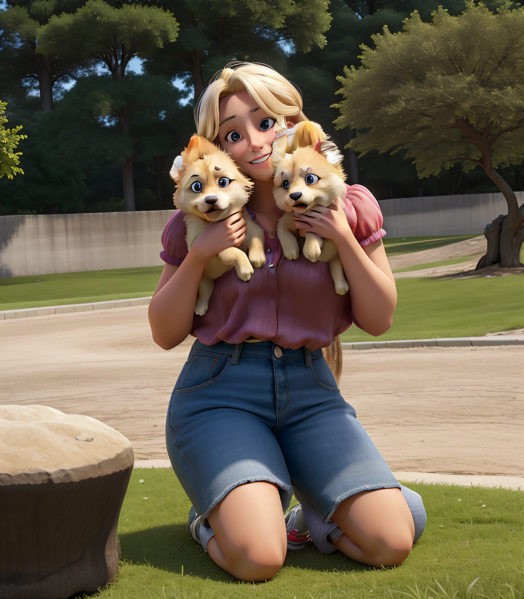 A blond-haired woman holding two German spitz puppies close to her face and kneeling on the ground, alta qualidade, melhor qualidade