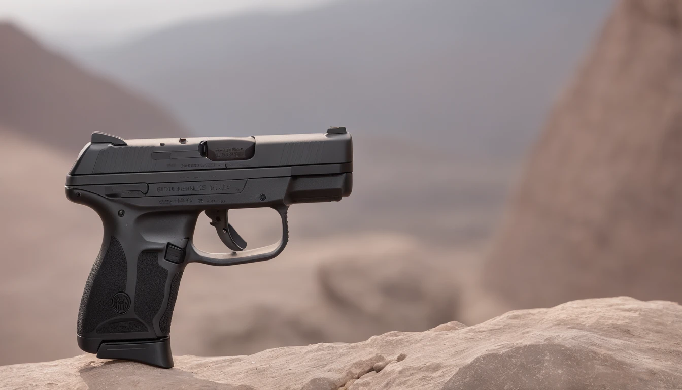 Ruger LCP Max, a tactical pocket semi-automatic pistol held upright in a rocky area, showing its use as a concealed backup gun, Digital Art.
