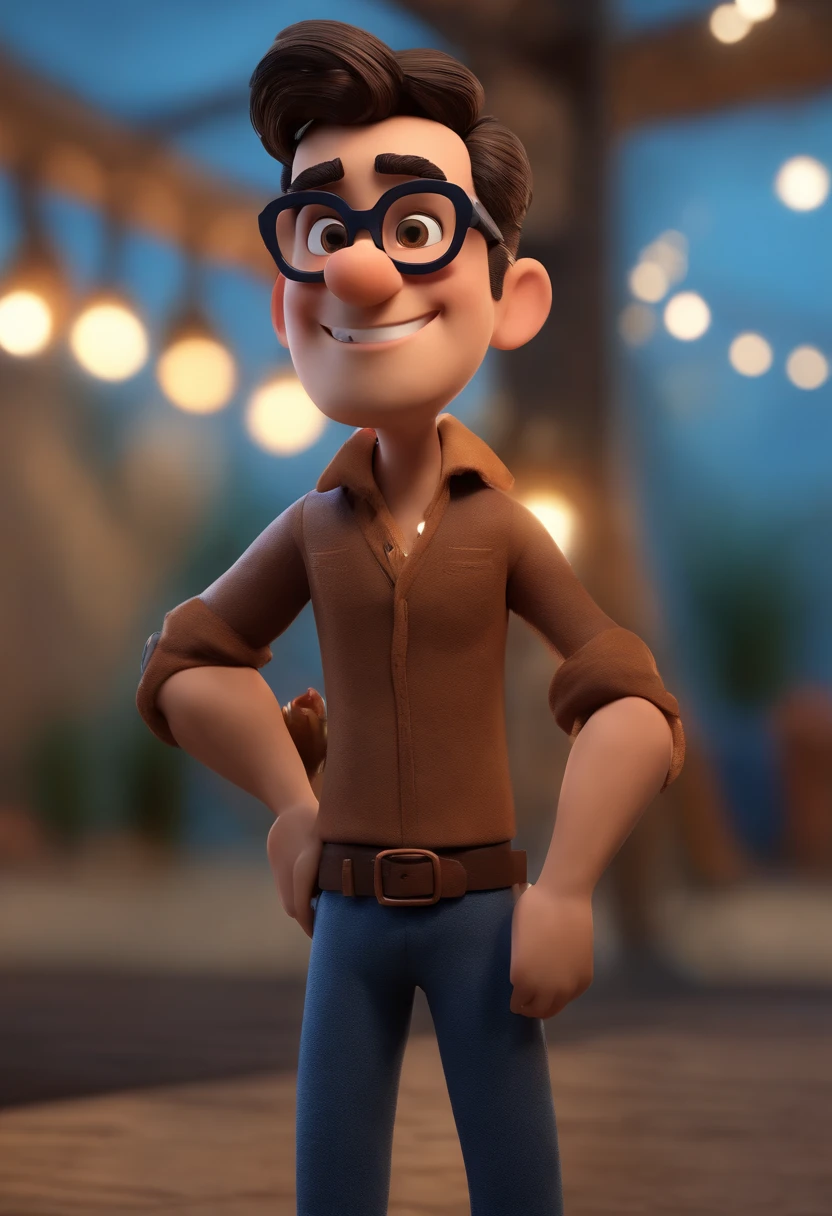 Cartoon character of a man with black glasses, cabelo cacheado marrom escuro e uma camisa azul, animation character, Caractere estilizado, animation style rendering, 3D estilizado, Arnold Maya render, 3 d render stylized, toon render keyshot, Personagem 3D, Personagem 3D, 3d rendering stylized, 3 d character render, personagem de desenho animado, Personagem de close up, Pose de personagem,  (Estilo Pixar) (master part:1.2) (Bokeh) (best quality) (pele detalhada) (textura detalhada) (8k) (argila) (Cinematic lighting) (foco nítido