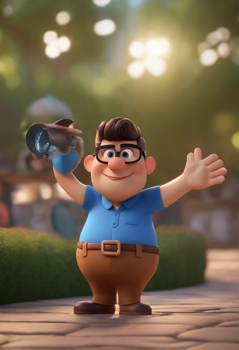 Cartoon character of a man wearing black glasses and a blue shirt, um personagem animado, Caractere estilizado, animation style rendering, 3D estilizado, Arnold Maya render, 3 d render stylized, toon render keyshot, Personagem 3D, Personagem 3D, 3d rendering stylized, 3 d character render, personagem de desenho animado, Personagem de close up, Pose de personagem, (Estilo Pixar) (master part:1.2) (Bokeh) (best quality) (pele detalhada) (textura detalhada) (8k) (argila) (Cinematic lighting) (foco nítido，Senta e vaza a parte superior do corpo