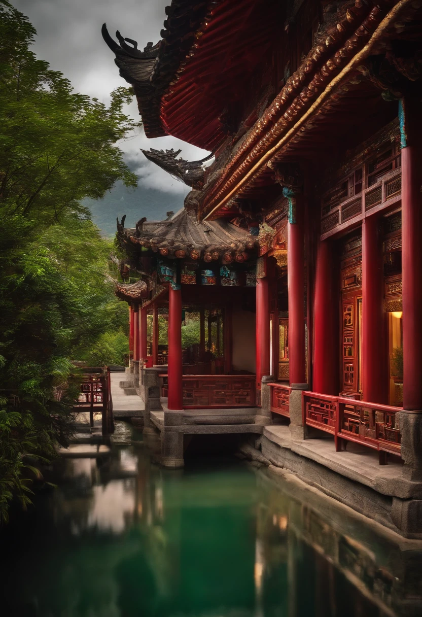 Montanhas, nuvem, arquitetura chinesa antiga, Guindastes