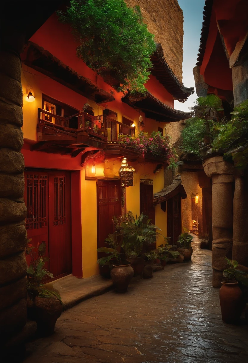 Montanhas, nuvem, arquitetura chinesa antiga, Guindastes