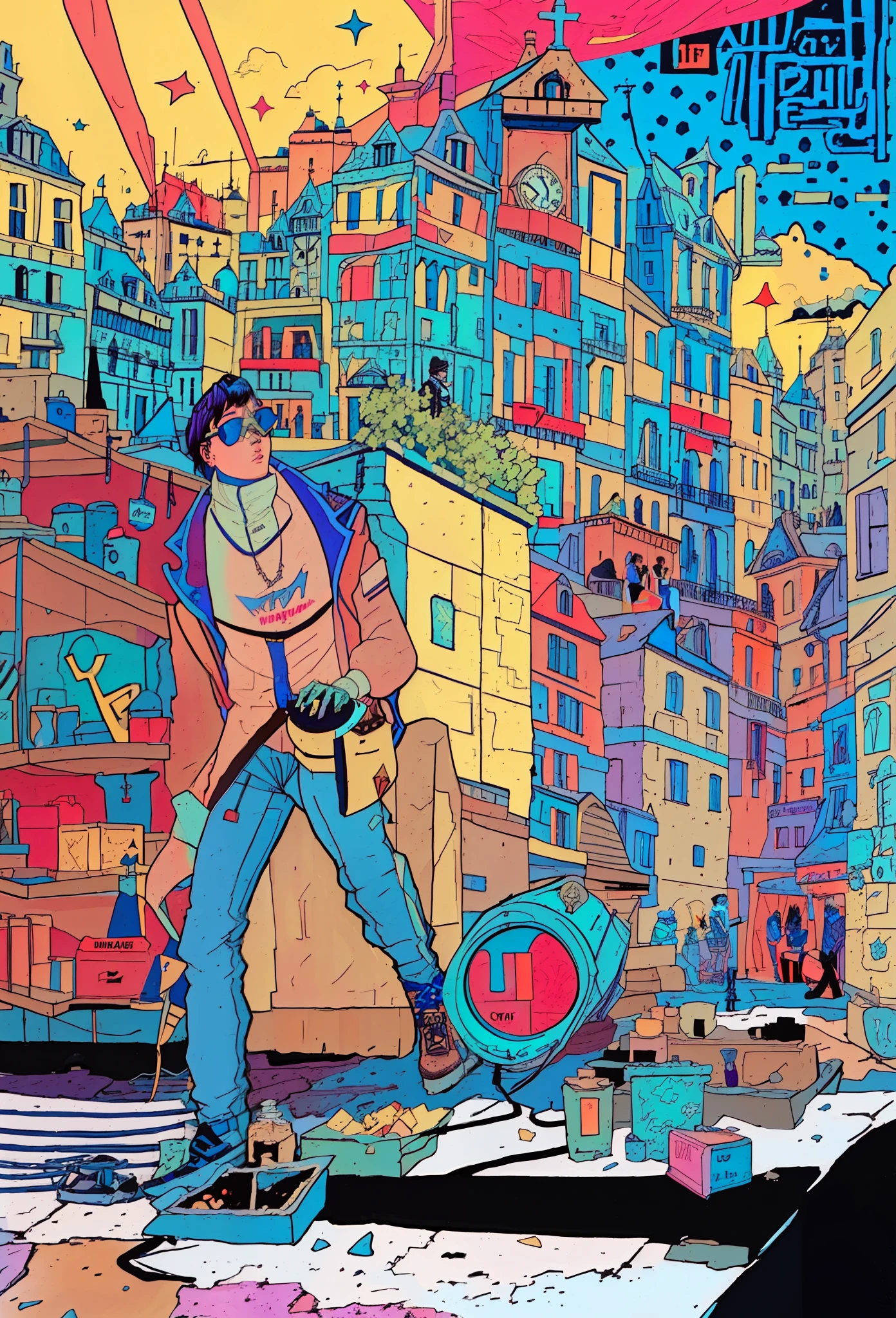 peinture street art abstraite. Une personne pressée, À la poursuite d’une horloge qui s’emballe dans les rues de Quebec, symbolisant l’interminable course contre la montre.chateau frontenac.  Il y a un homme qui traverse un passage pour piétons dans la ville de Quebec, au chateau frontenac. Vieux Quebec. style de bandes dessinées colorées, Kilian eng couleurs vibrantes, Style de bande dessinée coloré et vif, Kilian eng couleurs vibrantes, style de bandes dessinées en couleur, dans le style de l’illustration numérique, Style de bande dessinée coloré vif, Art numérique. Bande dessinée colorée, inspiré par Wyndham Lewis, style bande dessinée, style de bande dessinée vintage, Bande dessinée stylisée