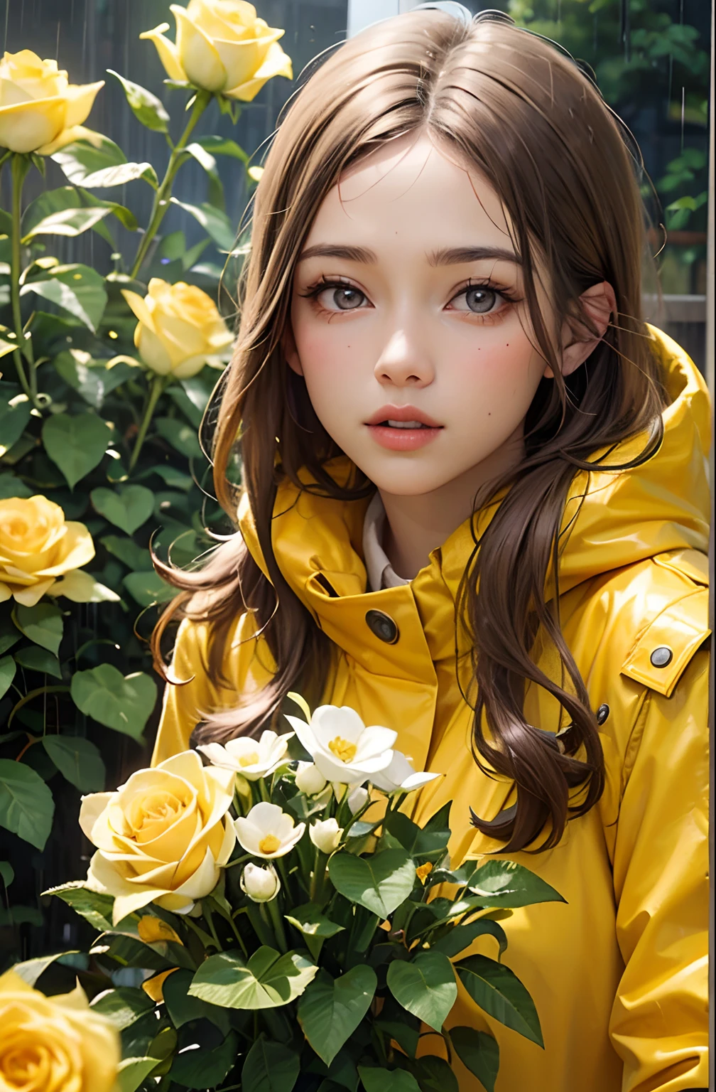 Beautiful woman wearing a yellow raincoat on a rainy day. facial details. Beautiful double eyes. high nose Well-shaped lips. Light brown hair. In her background is a flowerbed with roses blooming.