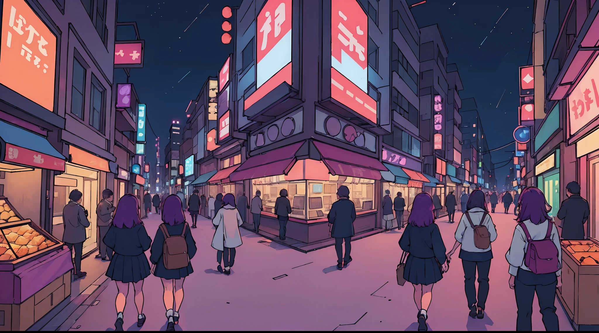 (best quality,4k,8k,highres,masterpiece:1.2),ultra-detailed,realistic,long purple hair,18-year-old girl,beautiful detailed eyes,short shoulder-length hair,Japanese city view,school uniform, vibrant colors,soft lighting,modern architecture,city lights,serene atmosphere,urban landscape,crowded streets,towering buildings,night scene,street vendors,neon signs,pedestrians,hustle and bustle,street art,peaceful ambiance.
