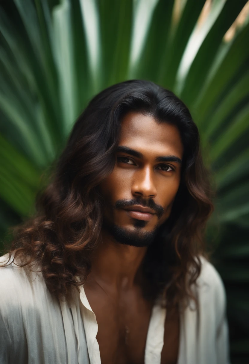 long hair, man, tropical style, slender, 25 years old, brown skin