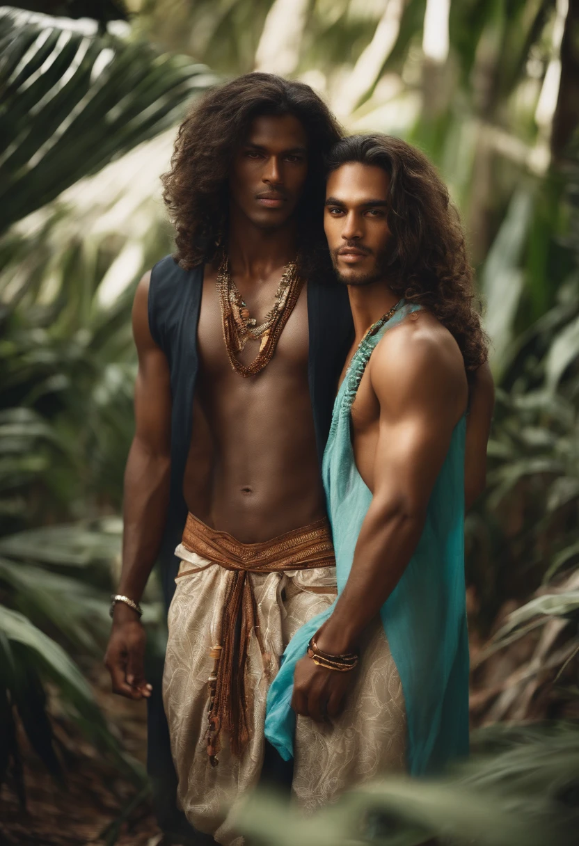 long hair, man, tropical style, slender, 25 years old, brown skin